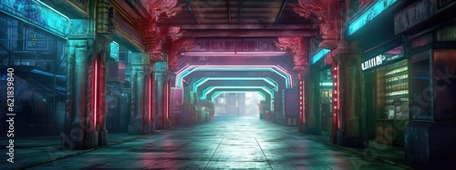 Generative AI illustration of the futuristic city in the style of cyberpunk. Empty street with colorful neon lights. Beautiful night cityscape.