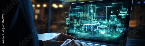 someone using a laptop on a futuristic background with various tech graphics and symbols, in the style of dark white and light aquamarine, architectural blueprint