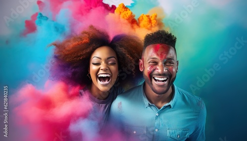 Happy couple smiling in a cloud of colorful smoke on a white background, having fun, colors, LGBTQ+, color explosion, holi, fluid, multi-ethnic, peace, inclusive, beauty, freedom. Generative AI.