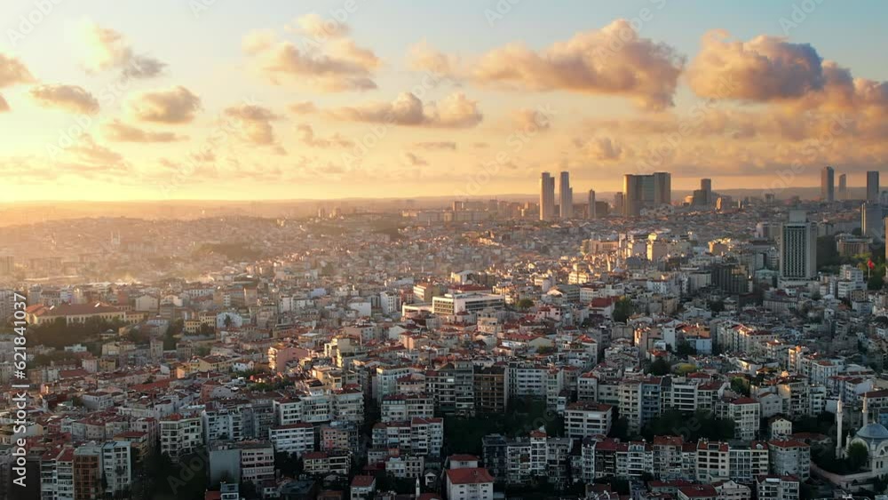 Aerial drone view of Istanbul at sunset, Turkey. Multiple residential and office buildings, skyscrapers on the background Aerial drone view of Istanbul at sunset, Turkey. Multiple residential and office buildings, skyscrapers on the background