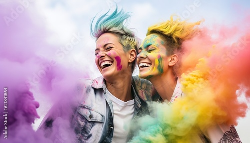 Happy couple smiling in a cloud of colorful smoke and powder on a white background, having fun, color explosion, holi, LGBTQ+, fluid, multi-ethnic, peace, inclusive, beauty, freedom. Generative AI.