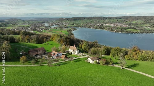 Aerial view of the farm settlement of Klingenzell with the pilgrimage church of the Seven Sorrows of Mary down to Lake Constance, on the right the Hoeri peninsula with the municipality of Oehningen photo