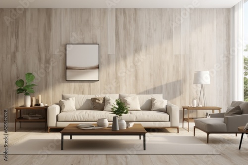 Beige corner sofa against of wooden paneling wall. Minimalist interior design of modern living room © Creative Sparks
