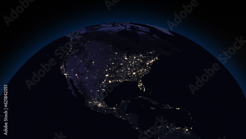 Fototapeta Naklejka Na Ścianę i Meble -  Planet Earth focused on North America by night. Illuminated cities on dark side of the Earth. Elements of this image furnished by NASA