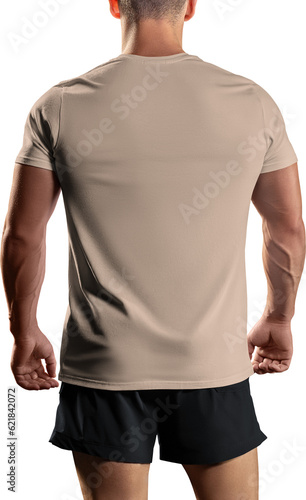 Beige, nude canvas bella t-shirt mockup on athletic man, png, back view