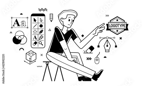 Graphic designer doing some creative job using computer software, digital visual artist working on a project vector outline illustration, composing and editing.