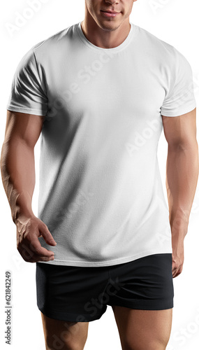 White canvas bella t-shirt mockup on athletic man, png, front view
