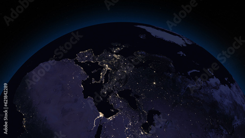 Fototapeta Naklejka Na Ścianę i Meble -  Planet Earth focused on Europe by night. Illuminated cities on dark side of the Earth. Elements of this image furnished by NASA