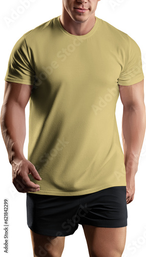 Mockup of yellow canvas bella t-shirt on athletic man, png, front view