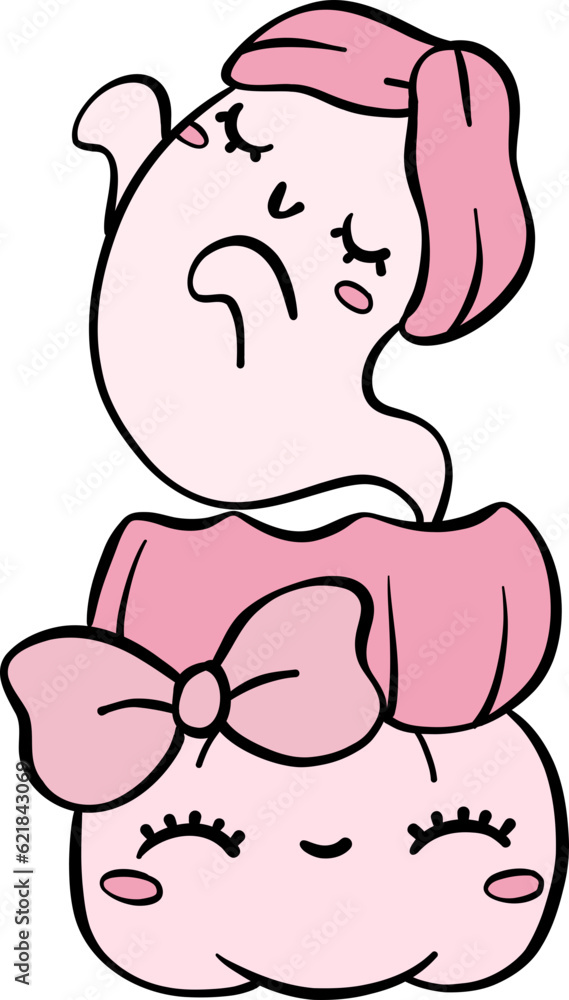 Obraz premium Cute Pink Halloween ghost with Pumpkin Cartoon Character doodle outline.