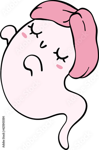 Cute Pink Halloween ghost with Pumpkin Cartoon Character doodle outline.