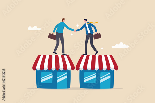 B2B, business to business sale agreement, enterprise commerce, contractor or supplier trade between company concept, businessman owner handshake on enterprise shop for B2B agreement.