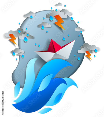 Origami paper ship toy swimming in thunderstorm with lightning, dramatic vector illustration of stormy rainy weather over ocean with toy boat struggles to survive.