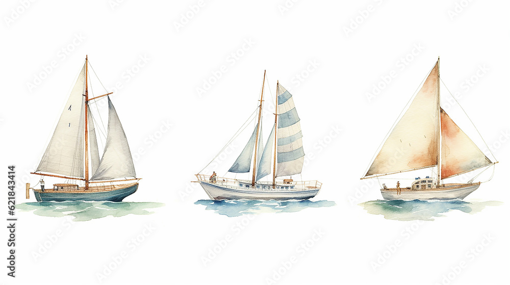 set, a collection of watercolor drawing of a boat with a sail. generative ai