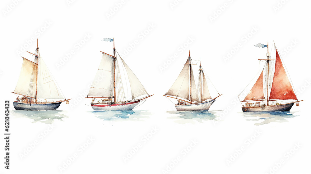 set, a collection of watercolor drawing of a boat with a sail. generative ai
