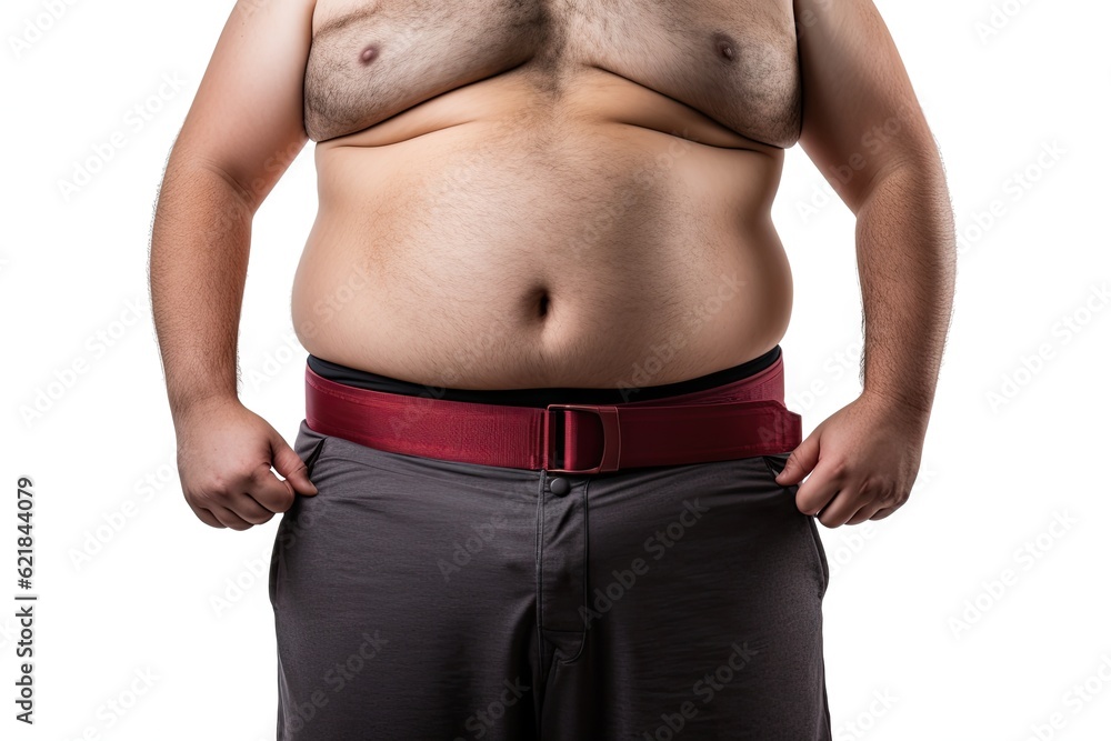 Fototapeta premium Overweight size fat man standing on white background isolated. Big body