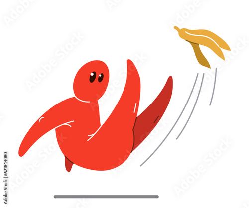 Small funny cartoon man falls because of banana skin vector flat style illustration isolated on white, failure unexpected oops concept.