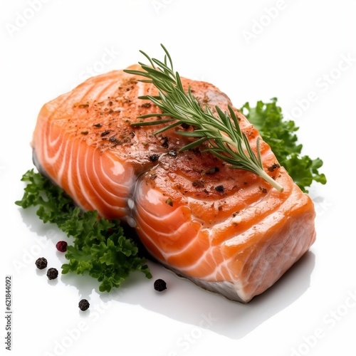 Salmon steak with herbs on isolated white background generative ai