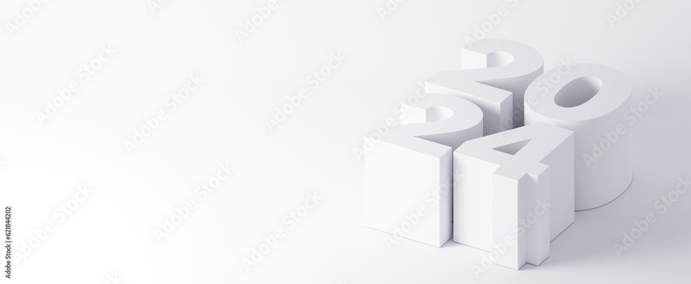2024 numbers on white background of Happy New Year celebration for flyers, posters, business decoration sign, brochure, card, banner, postcard. 3d rendering illustration.