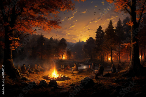 Autumn's Ember Symphony: The Enchanting Warmth of Crackling Bonfires on Cool Eves -Generative AI
