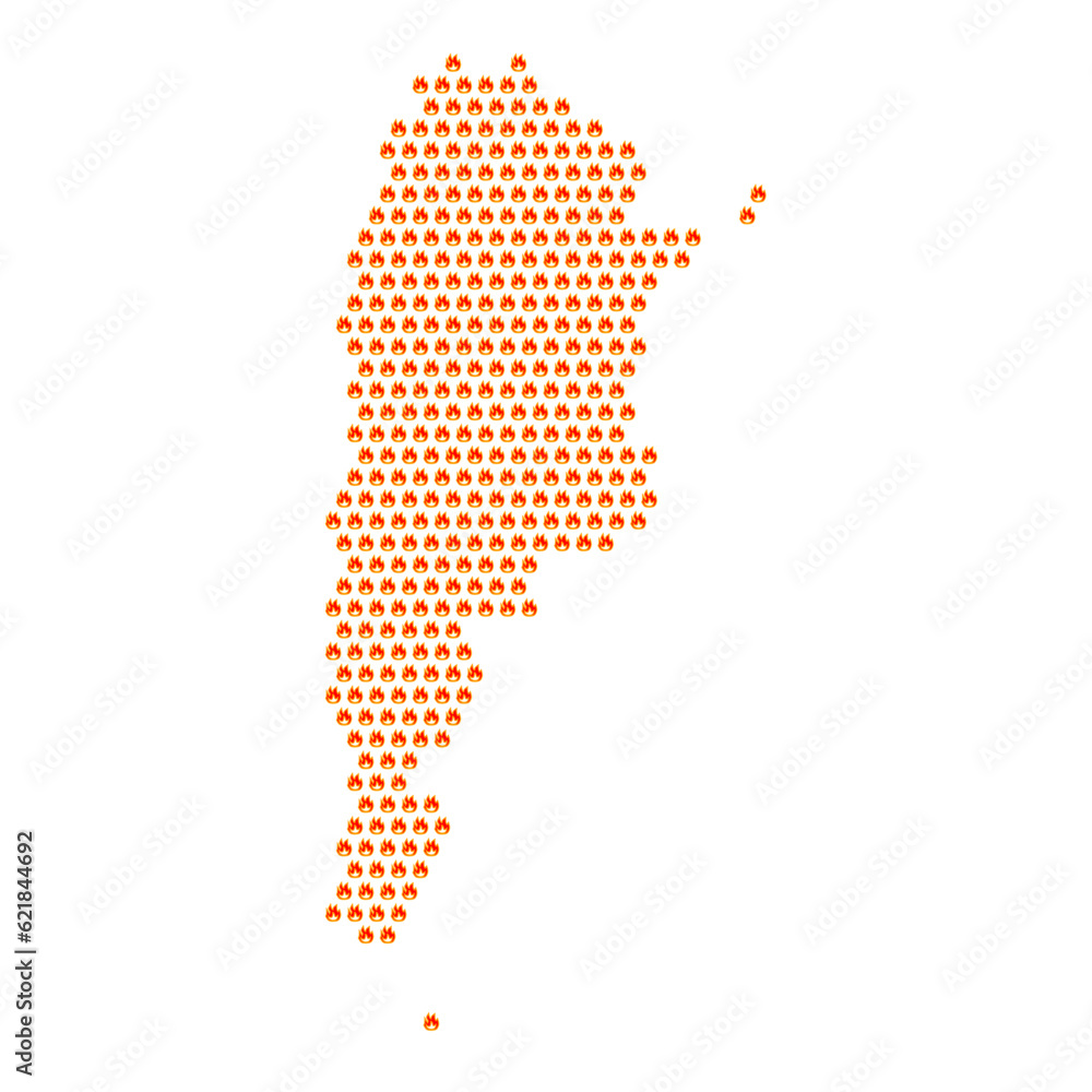 Map of the country of Argentina with fire flame icons on a white background