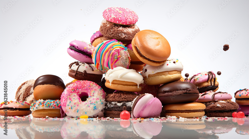 Playful Arrangement of Floating Donuts, Cookies, Cupcakes, and Macaroons. Generative Ai Playful Arrangement of Floating Donuts, Cookies, Cupcakes, and Macaroons. Generative Ai