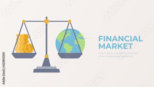 Global financial market vector. World money balance. Scales with money and a globe illustration. 