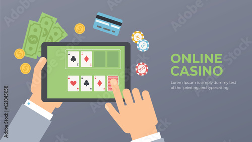 Online casino vector. Play gambling on internet illustration. Hands with a tablet, money, game chips and credit card in the background.