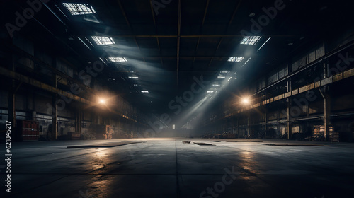Evoking an Ambiance of Empty Warehouse with Dramatic Lighting. Generative Ai