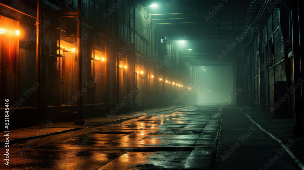 foggy mysterious empty street or industrial area at night. moody and spooky atmosphere