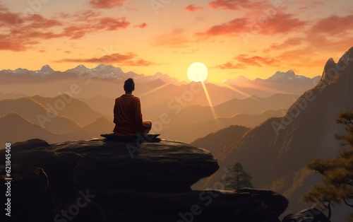 A person sitting on top of a mountain with a sunset in the background. AI