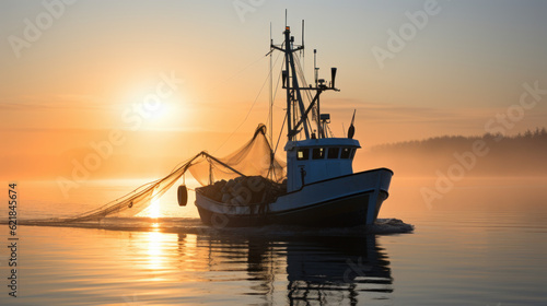 Vászonkép fishing ship with net on sea at sunset