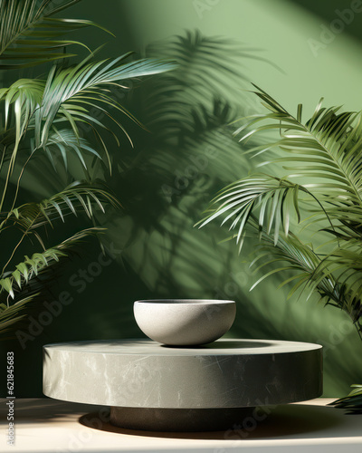Natural Beauty Display: Dark Green Wall with Modern Concrete Podium and Palm Tree. luxury organic cosmetic, skin care, beauty treatment product display 3D