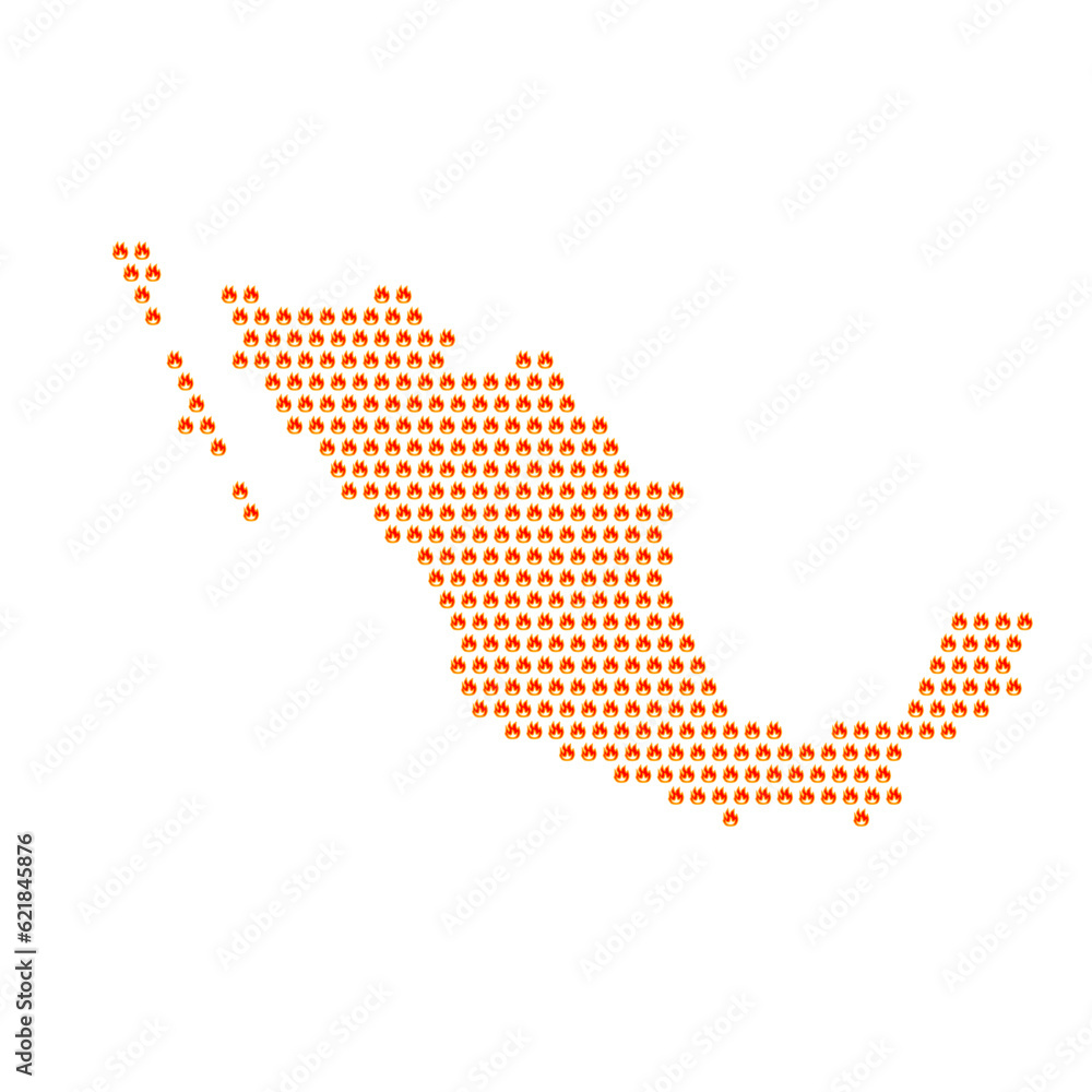 Map of the country of Mexico with fire flame icons on a white background