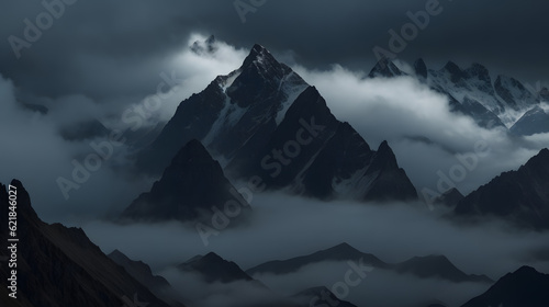 そびえ立つ山々、霧、雲｜Towering mountains, fog and clouds, Generative AI	 photo