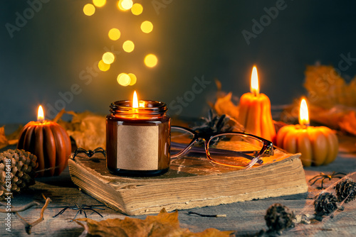 Fototapet Halloween Candle in the Glass Jar with Empty Label