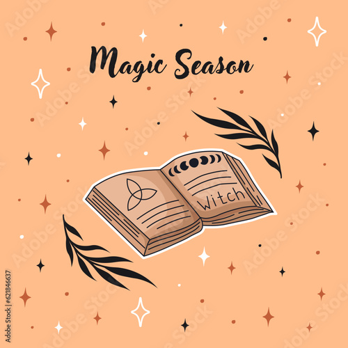 Halloween postcard. Greeting card with Magic book. Witchcraft and Magic. Vector.