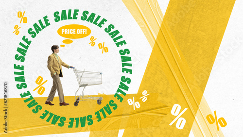 Contemporary art collage. Young man carrying shopping trolley, going shopping to buy good at low price. Sales season. Concept of shopping, sales, Black Friday, creativity. Banner, ad