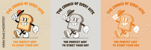 Set of vintage cartoon mascot character, smiling toast, product retro logo design, vector illustration