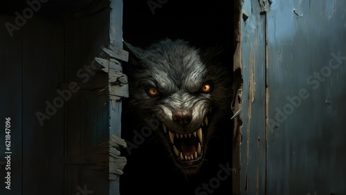 Scary evil vampiric dire werewolf with terrifying growling mouth filled with unholy sharp teeth inside old dark wooden cabin home hiding and awaiting its next victim to attack - generative AI  photo