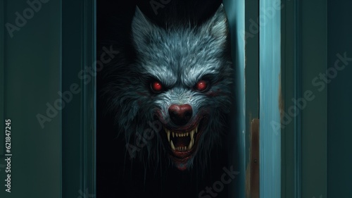 Scary evil vampiric dire werewolf with terrifying growling mouth filled with unholy sharp teeth inside old dark wooden cabin home hiding and awaiting its next victim to attack - generative AI 