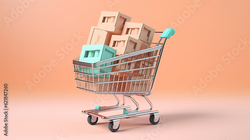 a shopping cart with cardboard boxes on pastel color background. Generative Ai