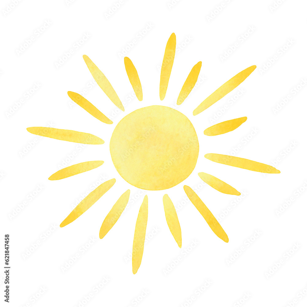 Watercolor yellow sun isolated on white background. Drawn by hand. Element for design and decoration. Abstract watercolor bright spot on paper. Watercolor yellow sun isolated on white background. Drawn by hand. Element for design and decoration. Abstract watercolor bright spot on paper.