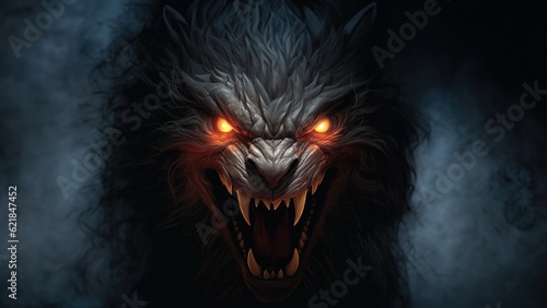 Scary evil vampiric dire werewolf with terrifying growling mouth filled with unholy sharp teeth inside old dark wooden cabin home hiding and awaiting its next victim to attack - generative AI 