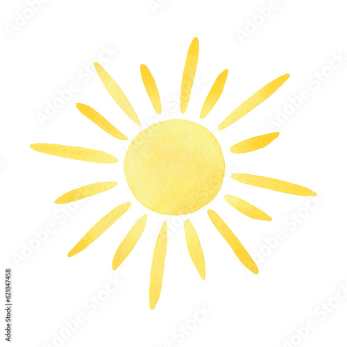 Watercolor yellow sun isolated on white background. Drawn by hand. Element for design and decoration. Abstract watercolor bright spot on paper.