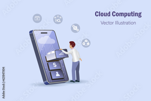 Businessman searching on digital folder and personnel files data in drawers via cloud computing. Wireless technology on mobile and tablet devices for smart working with secure system.