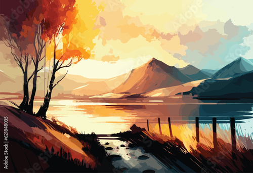 Landscape background. Abstract art template with paint elements. Sunrise Sunset background abstract banner design in nature style. Vector illustration. Vector illustration