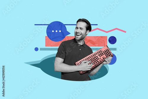 Obraz na plátne Geek programmer collage illustration of young student guy learn code enjoy his j
