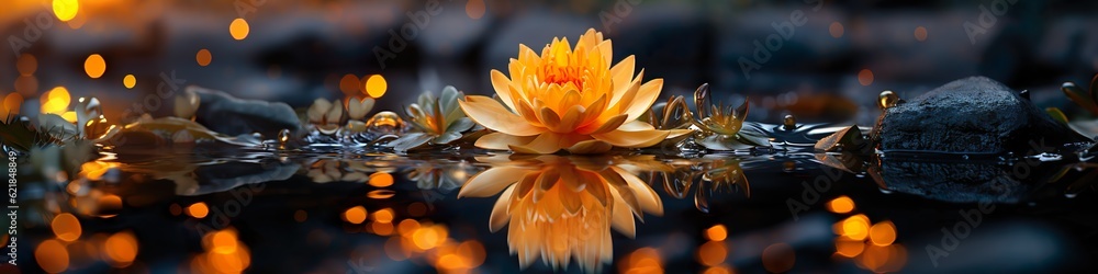 yellow water lily reflected in water - obrazy, fototapety, plakaty 
