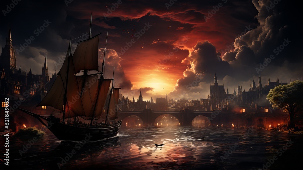 Obraz premium Drawing of an old sailboat on the background of the city Generative AI